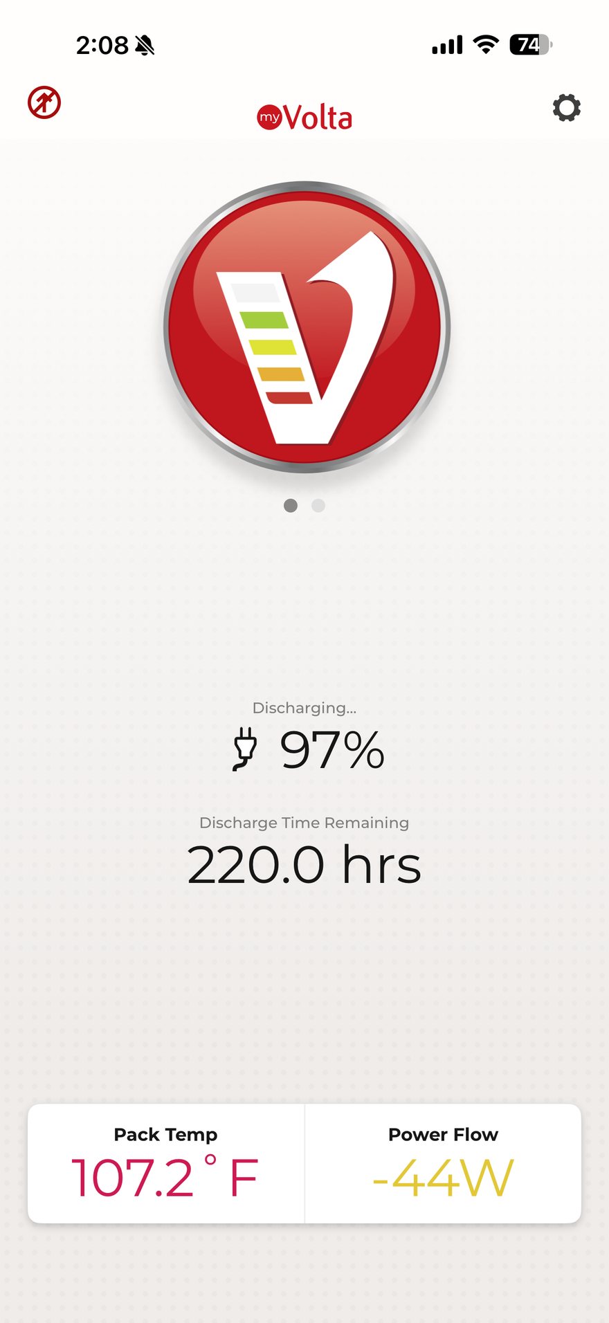 MyVolta app: 97% state of charge, 220 hours discharge time remaining