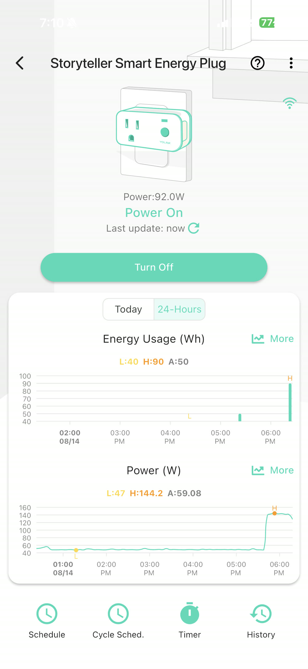 YoLink app: Storyteller Smart Energy Plug reading 92.0 W mid-discharge, with 24-hour power chart