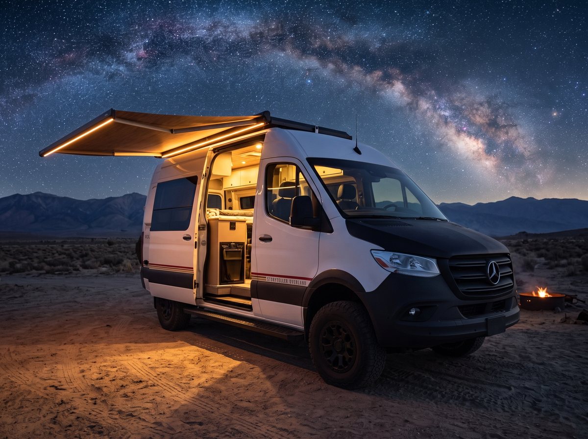 The Storyteller camped under the Milky Way, awning lit