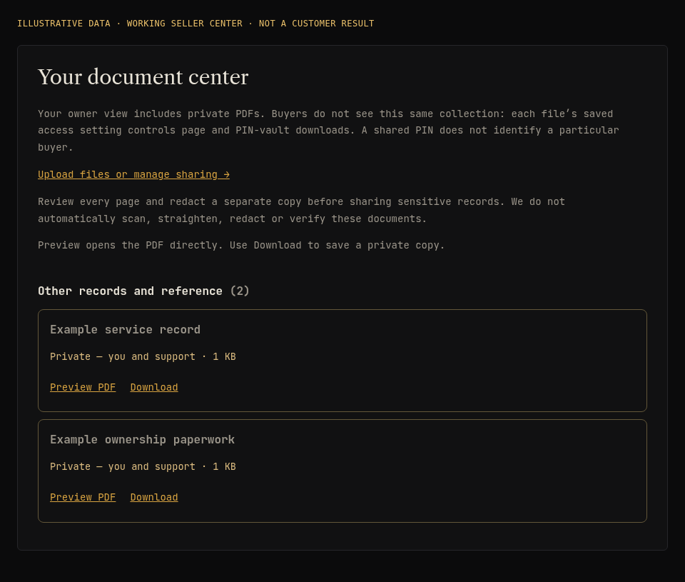 Example owner document center with fictional records marked Private